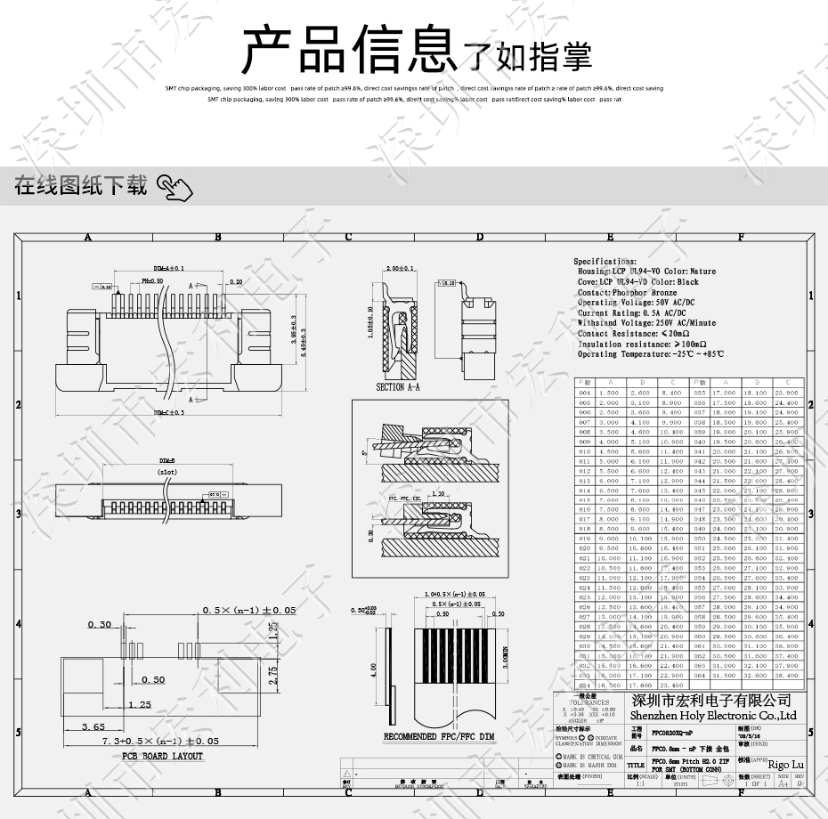 FFC/午夜成人电影在线观看 軟排線插座 0.5mm間距-45P 下接拉鎖 45Pin 抽屜式