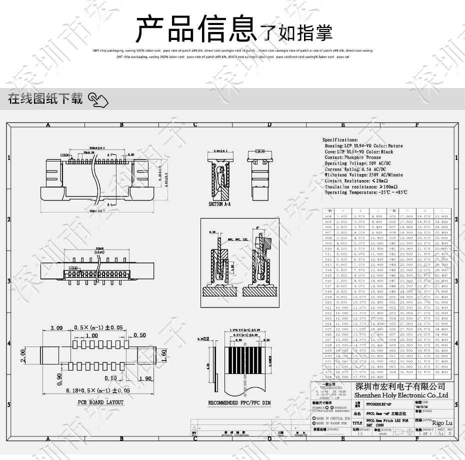 FFC/FPC軟排線0.5mm間距-60P立貼正錯位帶鎖 軟排線插座午夜成人电影在线观看